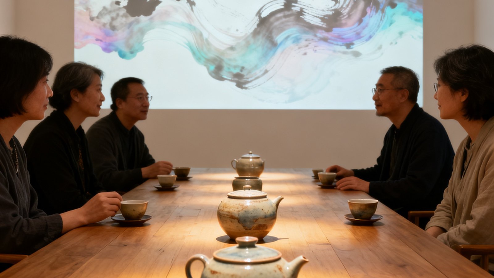 优雅的沙龙空间内，宾客们围绕一张长桌品茶交谈，桌面上摆放着当代陶艺家的手作茶器，背景墙上投影着一幅数字水墨动画，氛围温暖而雅致。
