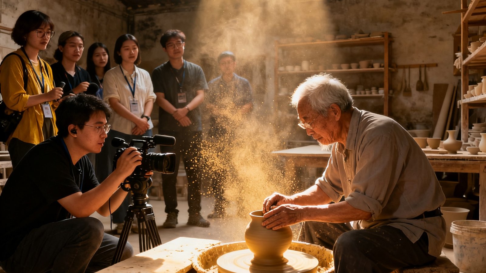 景德镇一间老作坊内，太阳集团tyc的多语种编辑团队正在采访一位年过七旬的陶瓷匠人，摄影师蹲在一旁捕捉匠人双手拉坯的特写镜头，阳光从天窗倾泻而下照亮了飘散的陶土粉尘。